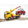 Camioneta cu platforma de remorcare MAN TGA si masina de teren Jeep  Bruder
