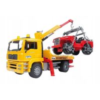 Camioneta cu platforma de remorcare MAN TGA si masina de teren Jeep  Bruder