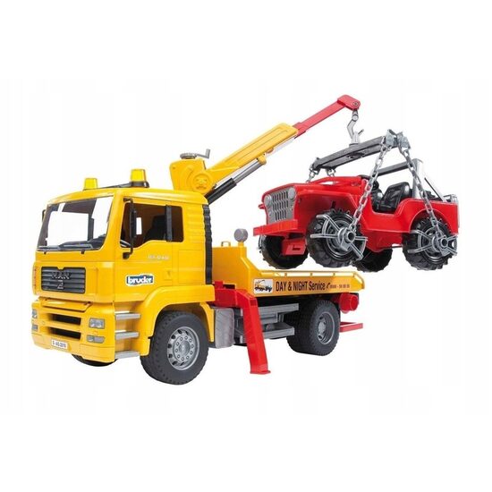 Camioneta cu platforma de remorcare MAN TGA si masina de teren Jeep  Bruder